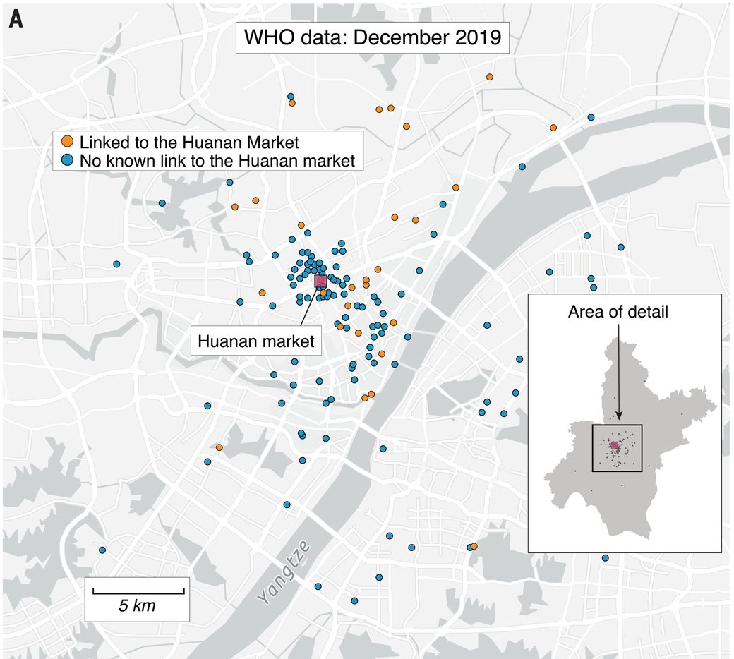 Worobey et al. Figure 1A: a map of Wuhan with case locations for December 2019, colored by known link to the Huanan market.